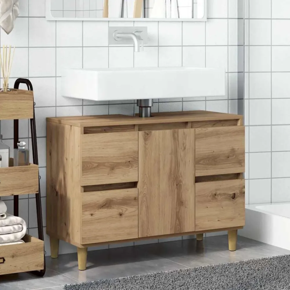 Wastafelkast 80x33x60 cm bewerkt hout artisanaal eikenkleur>vidaXL Clearance