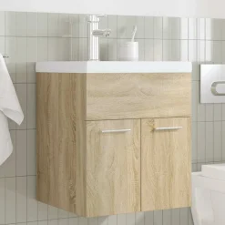 Wastafelmeubel met inbouwwastafel en kraan hout><noscript><img width=