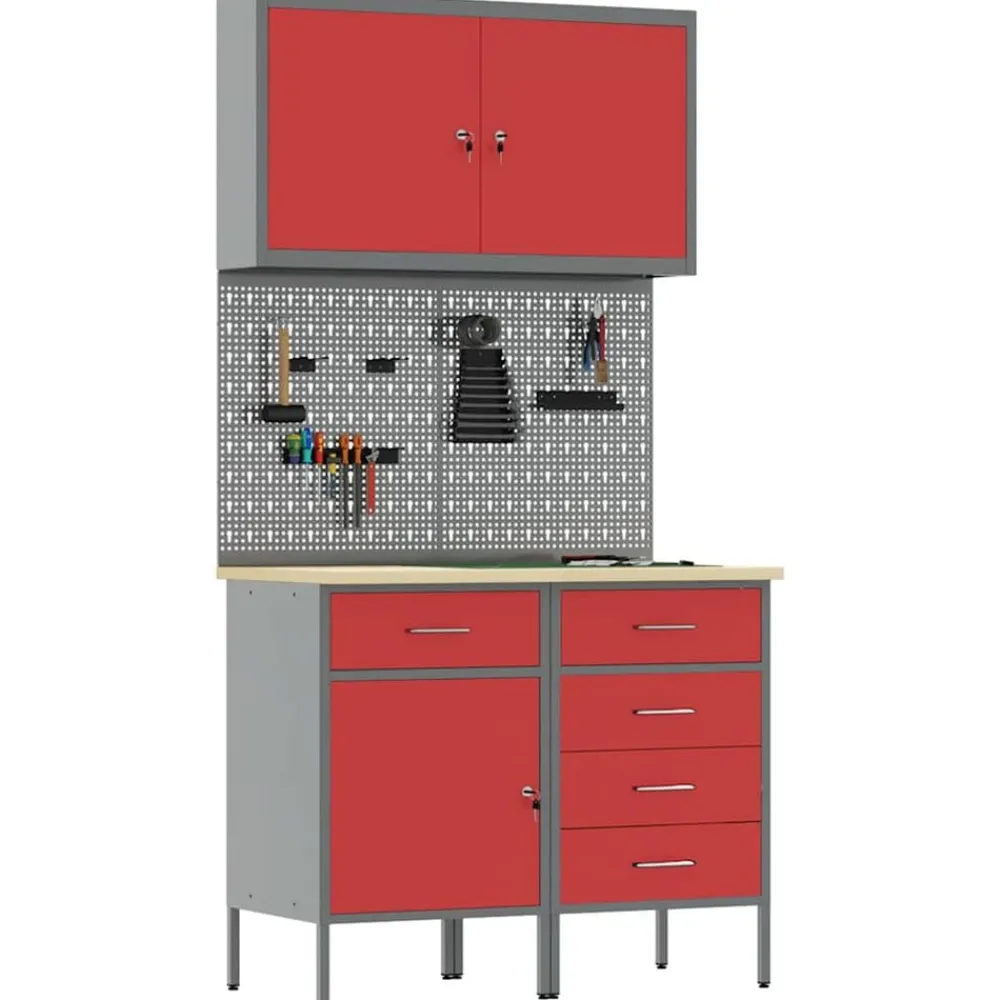 Bouwbeslag*vidaXL Werk kast met lade met slot 5 pcs Engineered hout en staal Rood