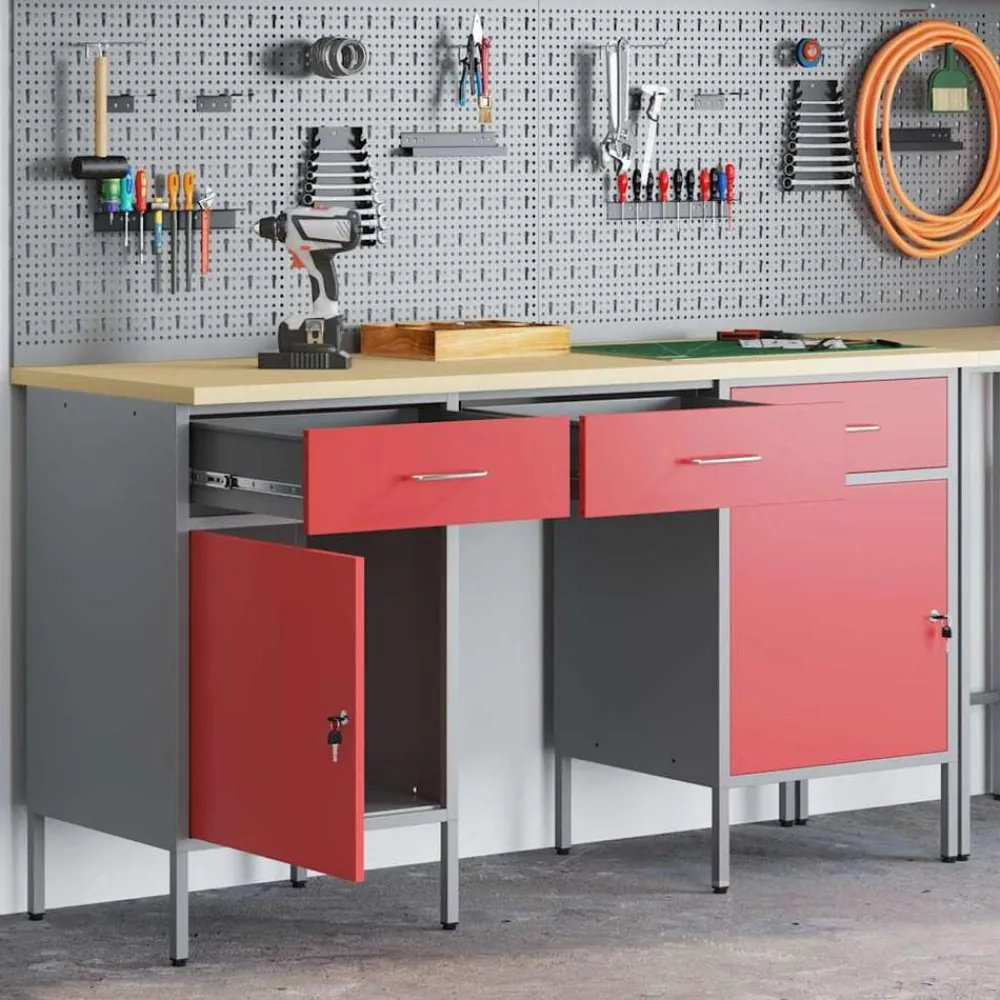 Werk kast met lade met slot 3 pcs Engineered hout en staal>vidaXL Online