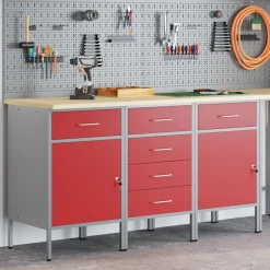 Bouwbeslag*vidaXL Werk kast met lade 3 pcs en Grijs 150 x 55 x 85 cm Rood