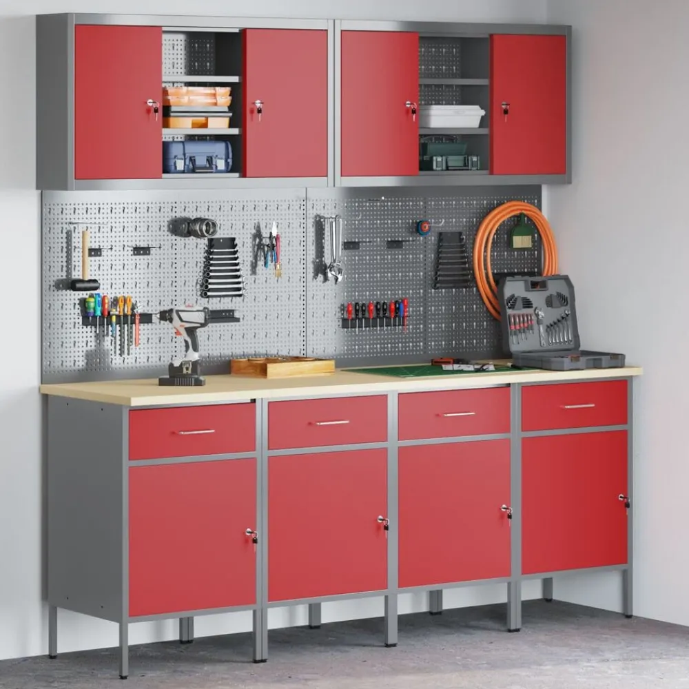 Bouwbeslag*vidaXL Werk kast met lade 10 pcs Engineered hout en staal Rood