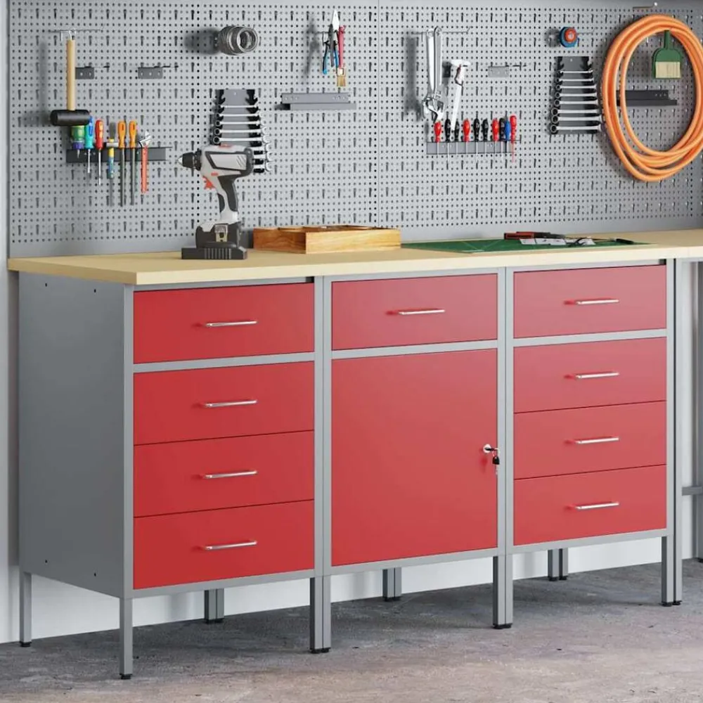 Bouwbeslag*vidaXL Werk kast met lade 3 pcs en Grijs 150 x 55 x 85 cm Rood