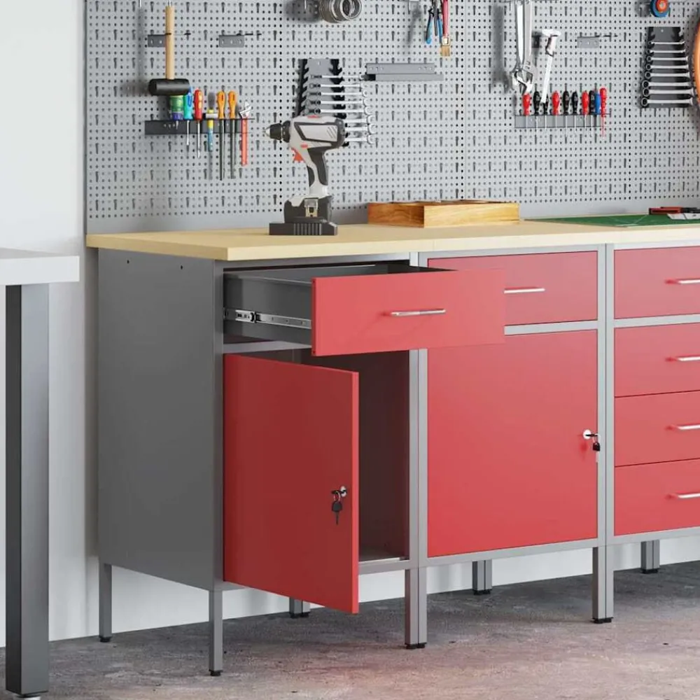 Bouwbeslag*vidaXL Werk kast met lade 2 pcs en Grijs 100 x 55 x 85 cm Rood