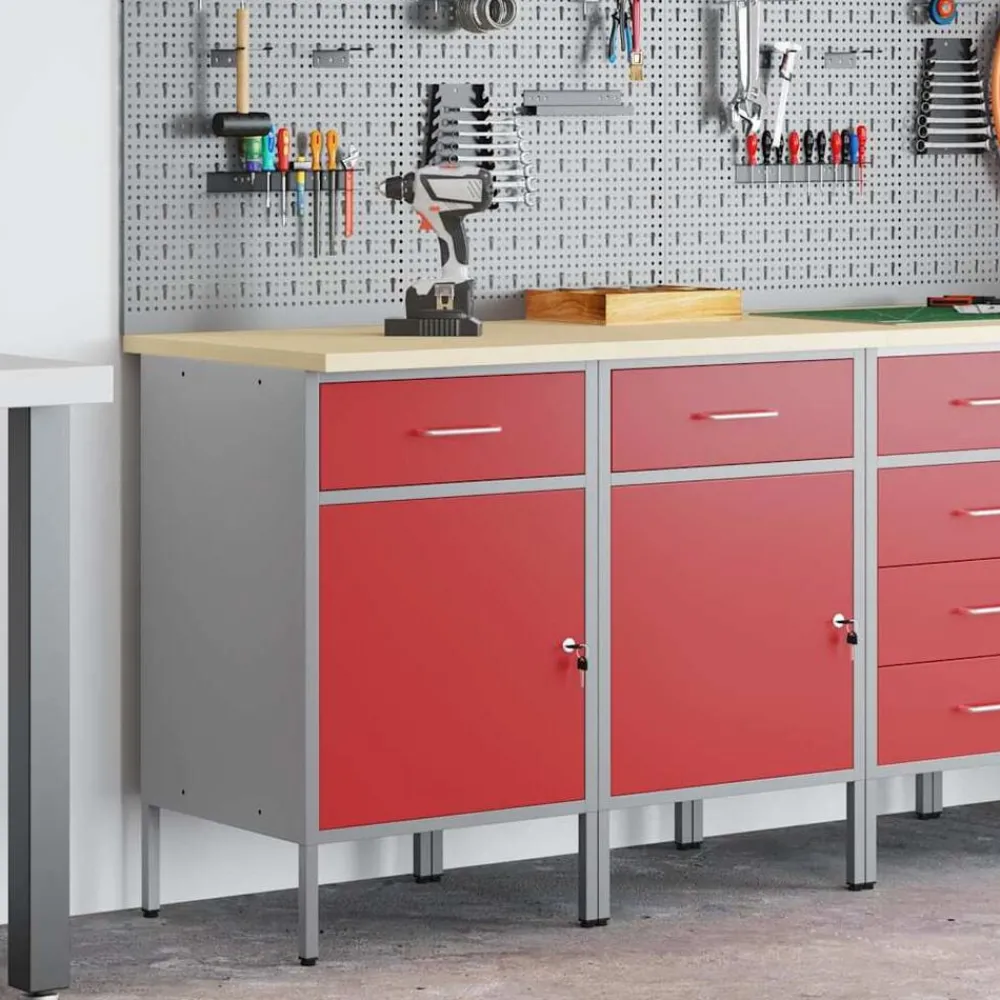 Bouwbeslag*vidaXL Werk kast met lade 2 pcs en Grijs 100 x 55 x 85 cm Rood