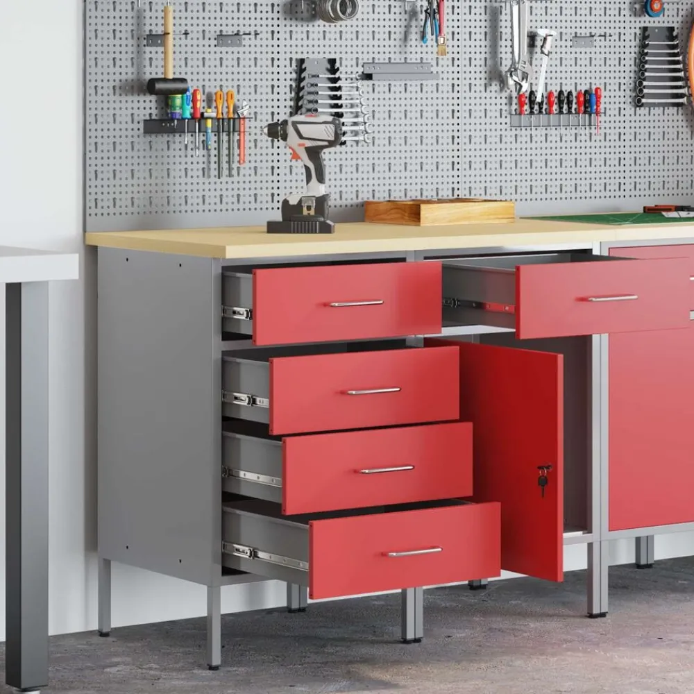 Bouwbeslag*vidaXL Werk kast met lade 2 pcs en Grijs 100 x 55 x 85 cm Rood