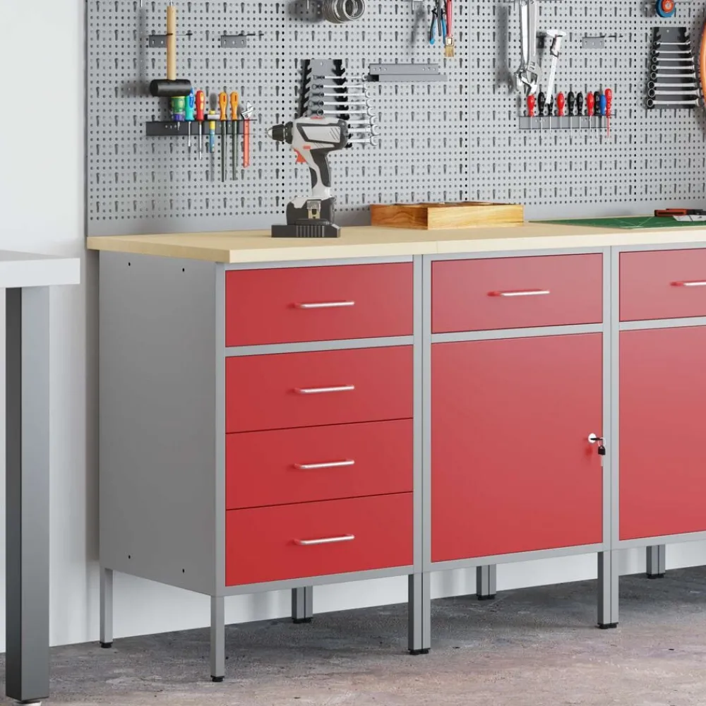 Bouwbeslag*vidaXL Werk kast met lade 2 pcs en Grijs 100 x 55 x 85 cm Rood