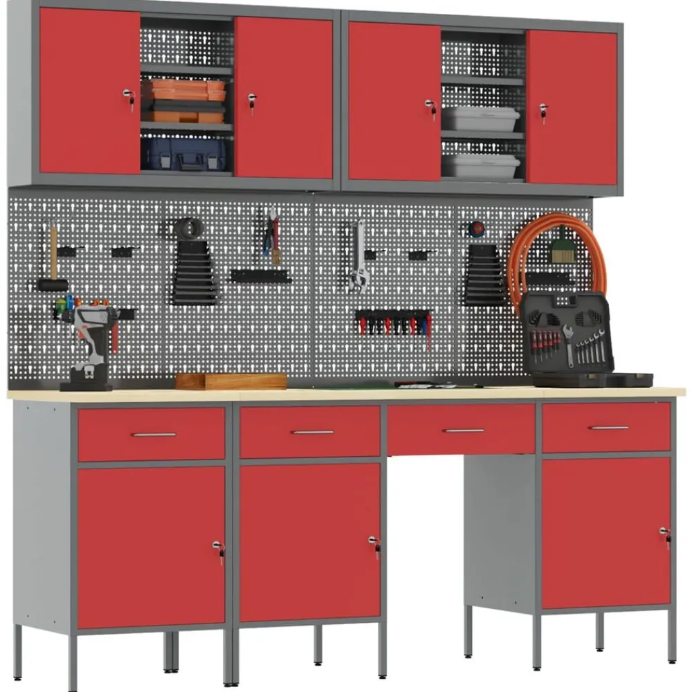 Bouwbeslag*vidaXL Werk kast met lade 10 pcs Engineered hout en staal Rood