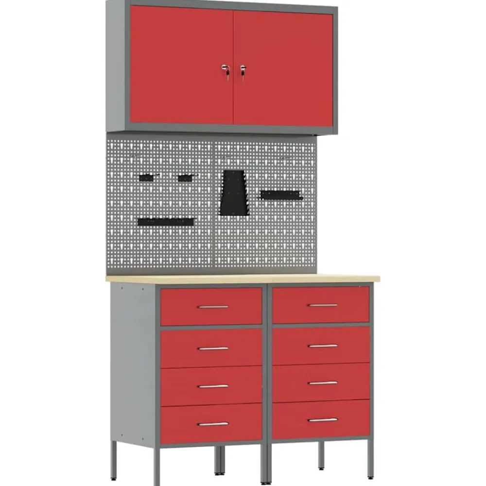Bouwbeslag*vidaXL Werk kast met lade met slot 5 pcs Engineered hout en staal Rood
