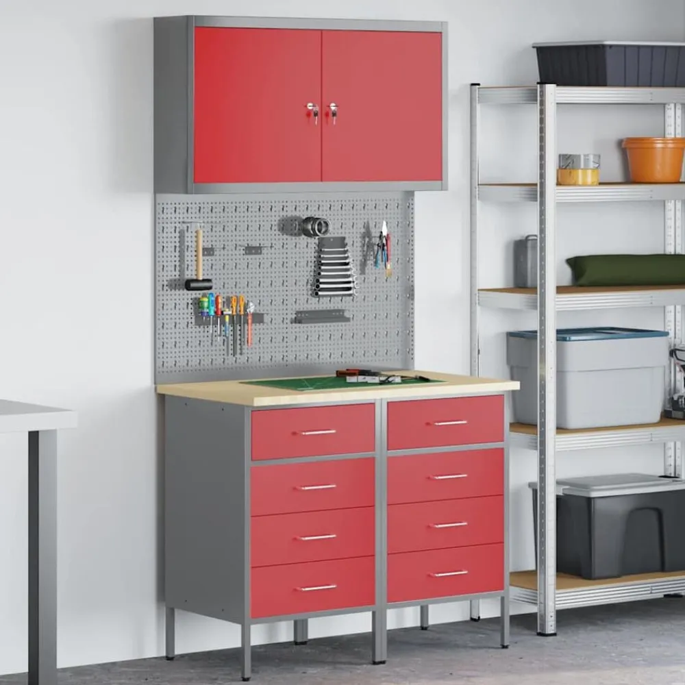 Bouwbeslag*vidaXL Werk kast met lade met slot 5 pcs Engineered hout en staal Rood