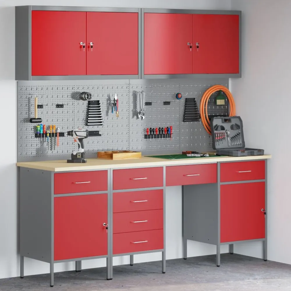 Bouwbeslag*vidaXL Werk kast met lade 10 pcs Engineered hout en staal Rood