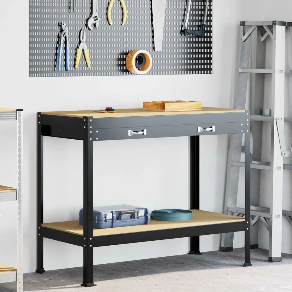 Werkbank met lade Zwart 114 x 54 x 91 cm Bewerkt hout en metaal>vidaXL Outlet