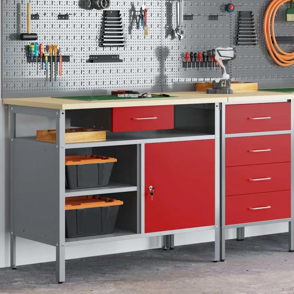 Bouwbeslag*vidaXL Werkbank met lade met plank en Grijs 100 x 55 x 85 cm Rood