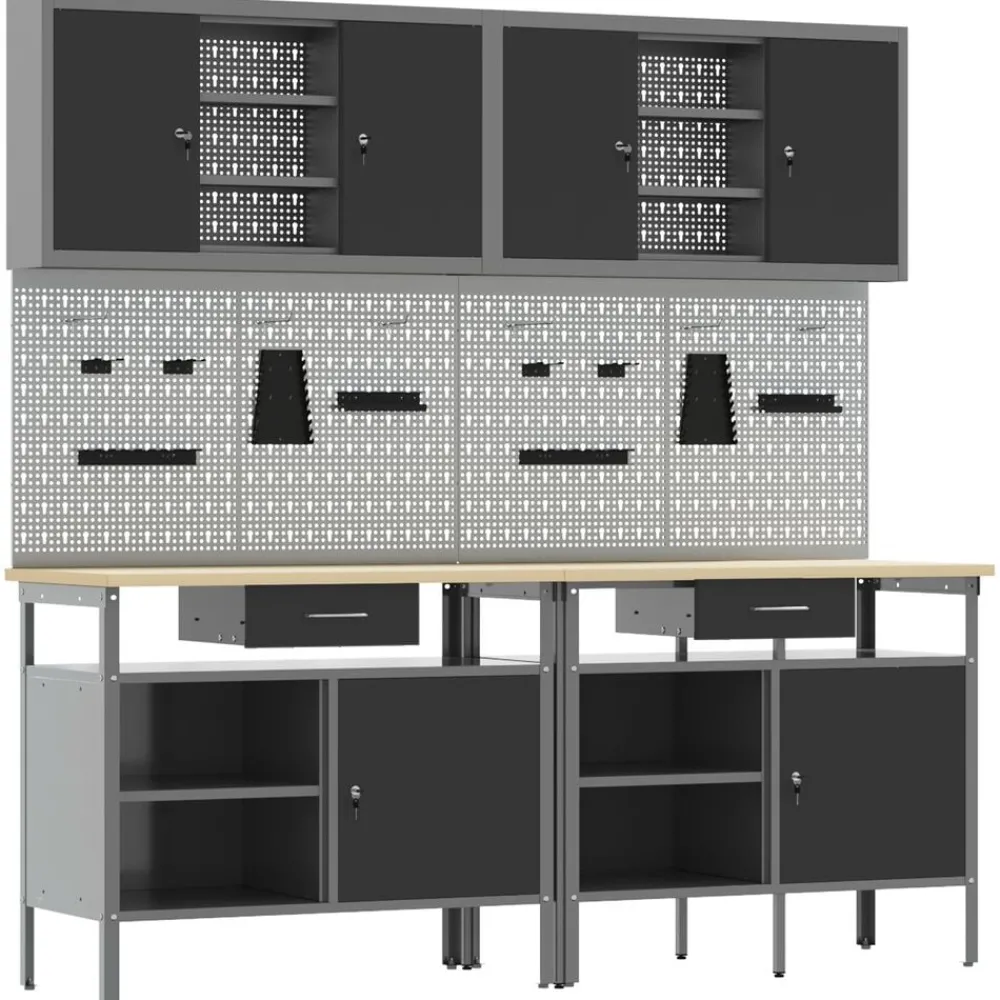 Bouwbeslag*vidaXL Werkbankset met lade 8 pcs Rood en Grijs Gepoedercoat staal Zwart