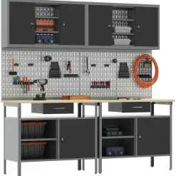 Bouwbeslag*vidaXL Werkbankset met lade 8 pcs Rood en Grijs Gepoedercoat staal Zwart