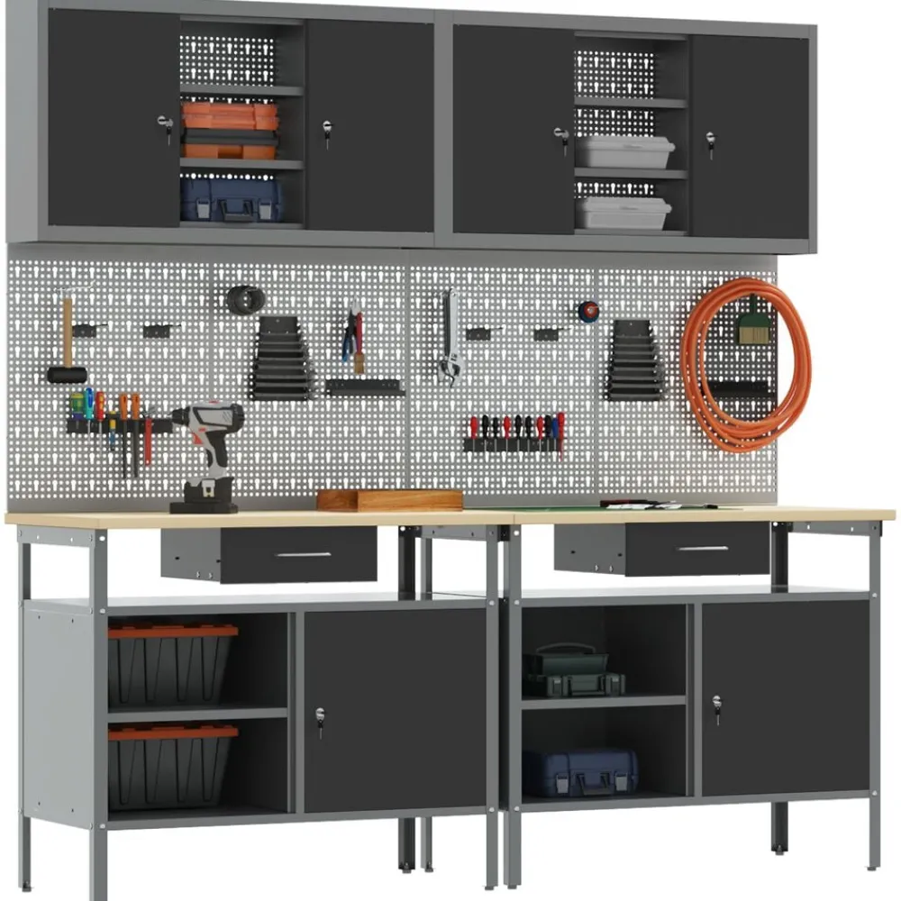 Bouwbeslag*vidaXL Werkbankset met lade 8 pcs Rood en Grijs Gepoedercoat staal Zwart