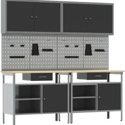 Bouwbeslag*vidaXL Werkbankset met lade 8 pcs en Grijs Gepoedercoat staal Zwart