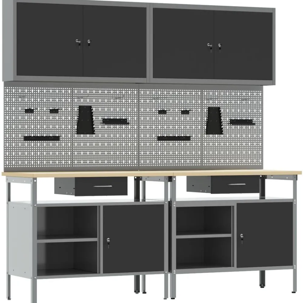 Bouwbeslag*vidaXL Werkbankset met lade 8 pcs en Grijs Gepoedercoat staal Zwart