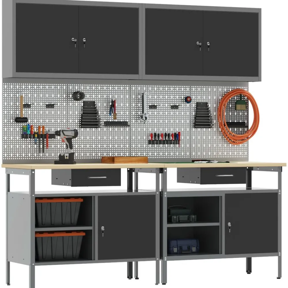 Bouwbeslag*vidaXL Werkbankset met lade 8 pcs en Grijs Gepoedercoat staal Zwart