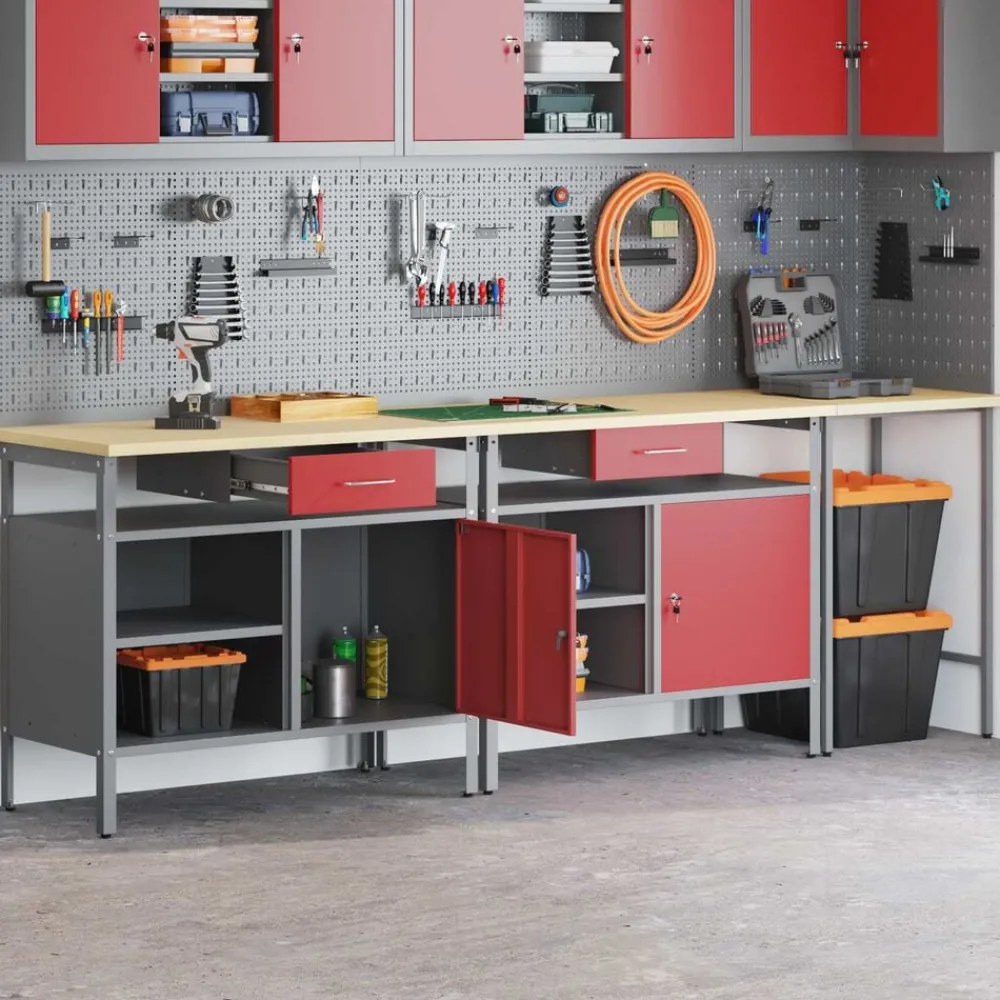 Bouwbeslag*vidaXL Werkbankset met lade 3 pcs Zwart en Grijs Gepoedercoat staal Rood