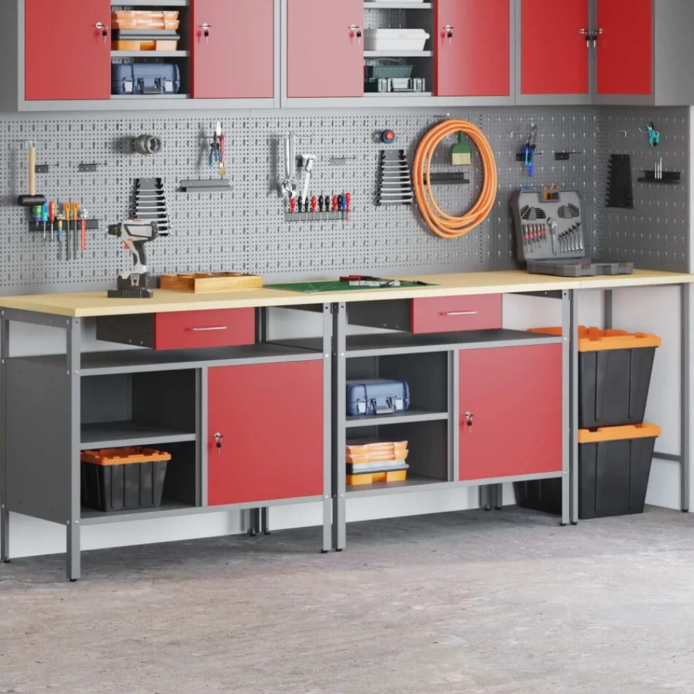Bouwbeslag*vidaXL Werkbankset met lade 3 pcs Zwart en Grijs Gepoedercoat staal Rood
