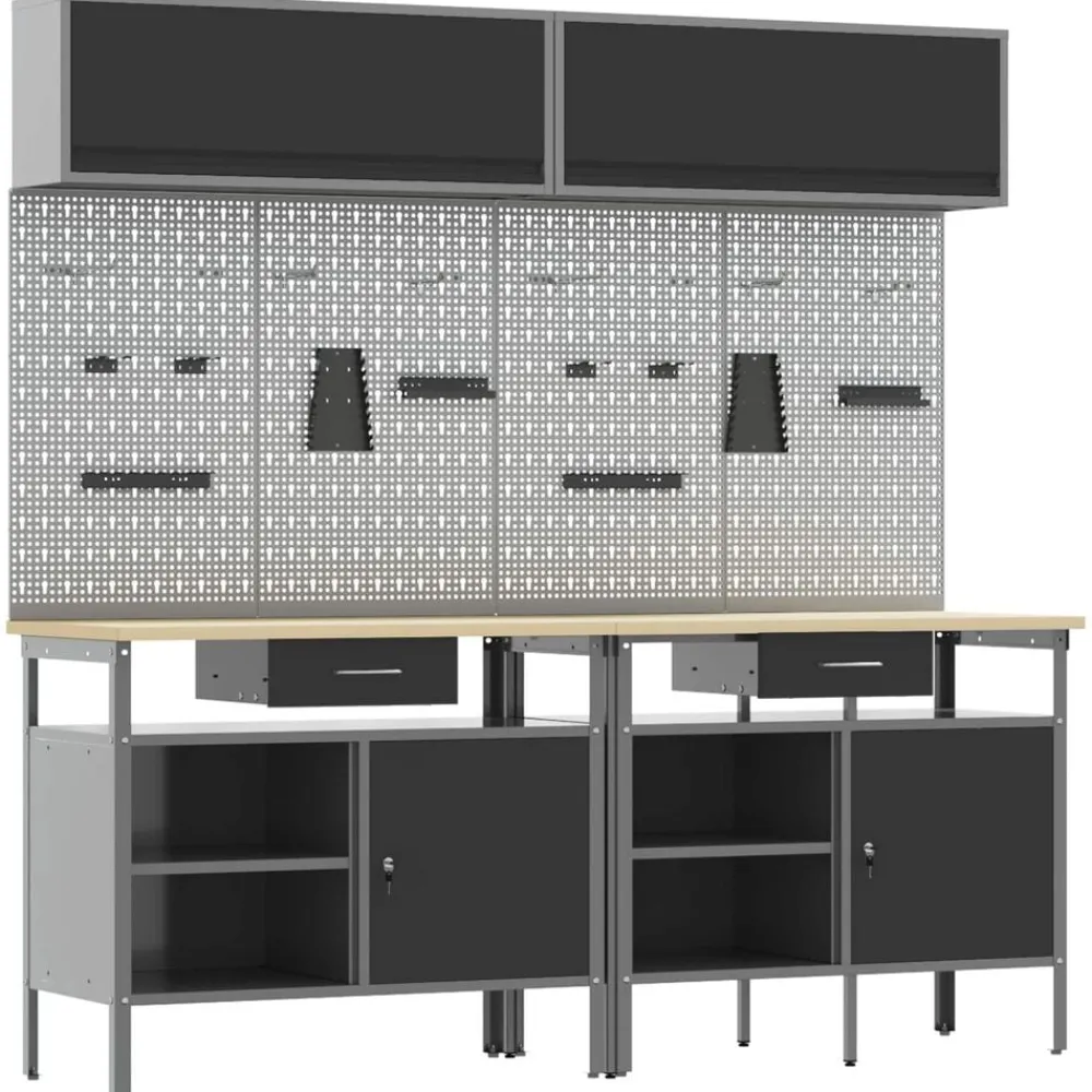 Bouwbeslag*vidaXL Werkbankset met lade 8 pcs en Grijs Gepoedercoat staal Zwart