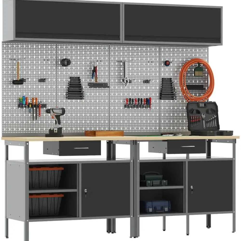Bouwbeslag*vidaXL Werkbankset met lade 8 pcs en Grijs Gepoedercoat staal Zwart