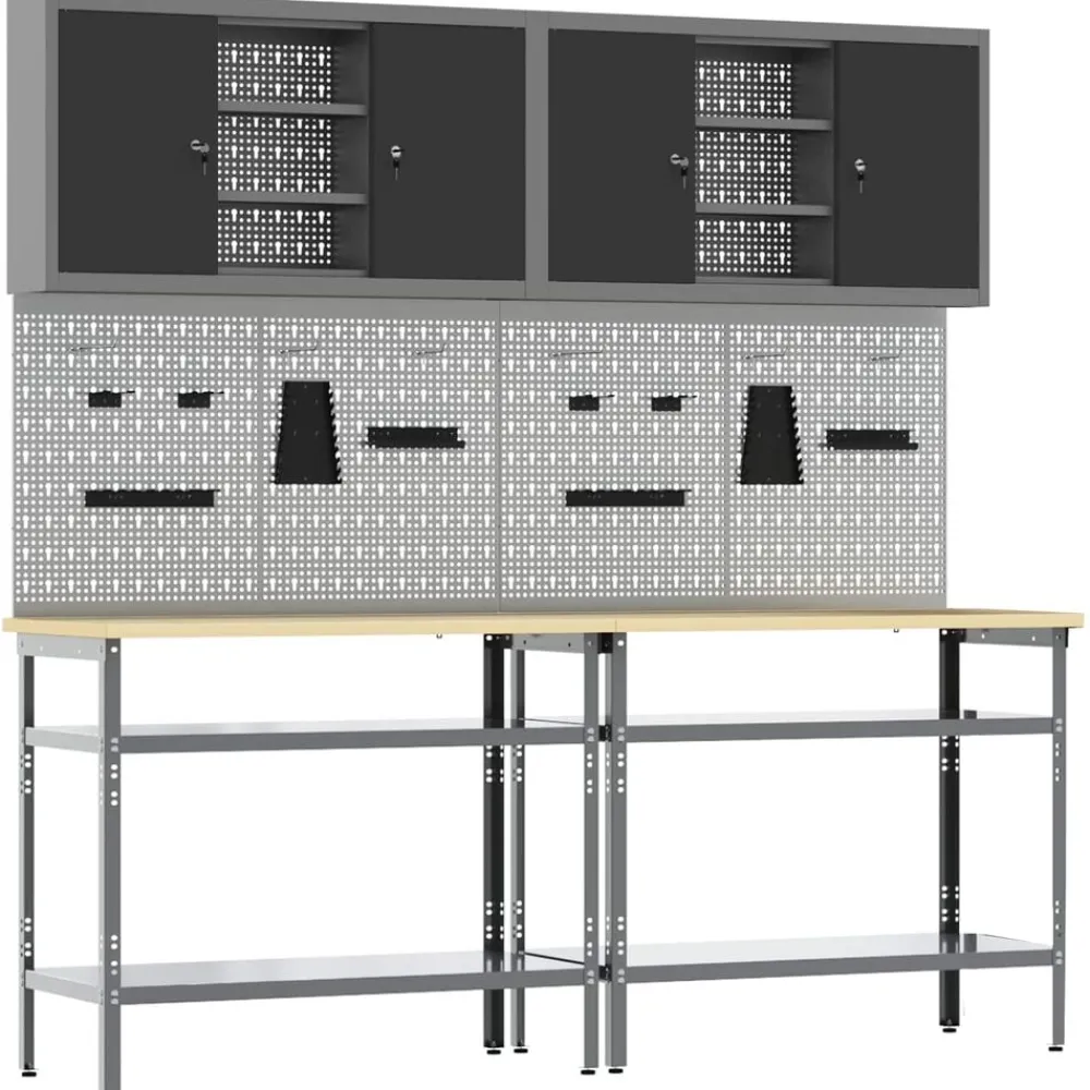 Bouwbeslag*vidaXL Werkbankset met plank 8 pcs en Grijs Gepoedercoat staal Zwart