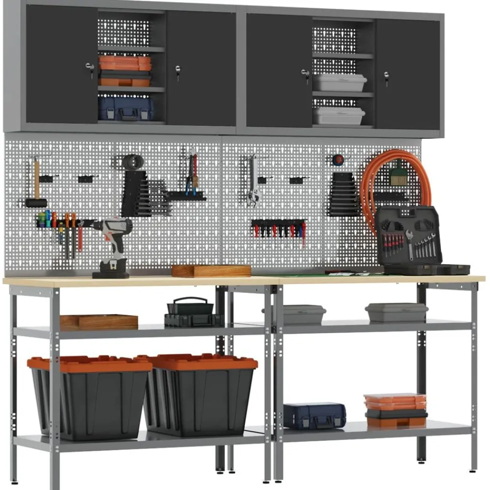 Bouwbeslag*vidaXL Werkbankset met plank 8 pcs en Grijs Gepoedercoat staal Zwart
