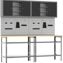 Bouwbeslag*vidaXL Werkbankset met plank 8 pcs en Grijs Gepoedercoat staal Zwart