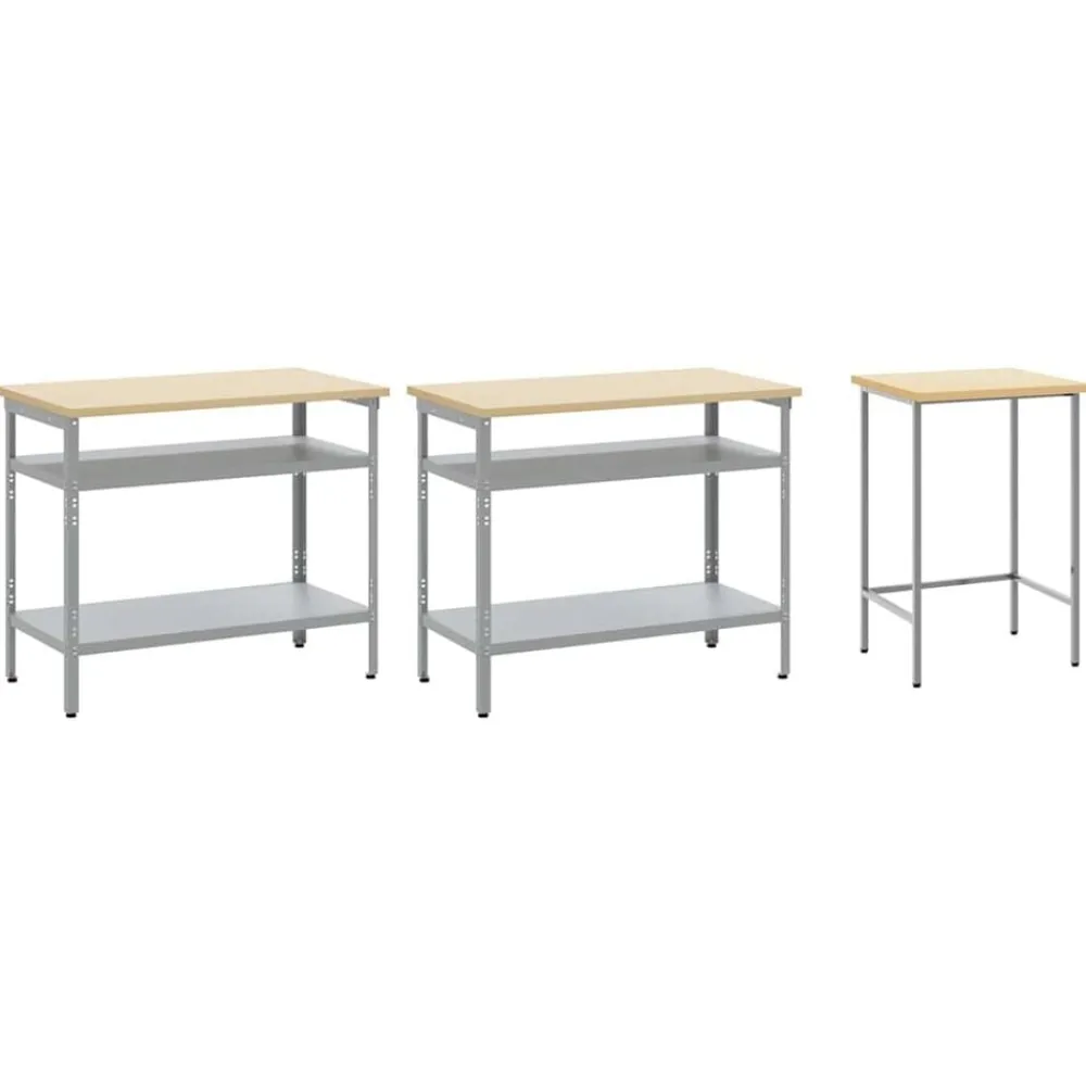Bouwbeslag*vidaXL Werkbankset met plank 3 pcs Beige en Gepoedercoat staal Grijs