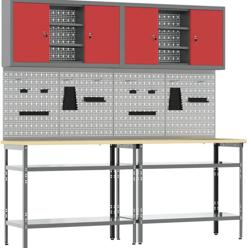 Bouwbeslag*vidaXL Werkbankset met plank 8 pcs en Grijs Gepoedercoat staal Rood