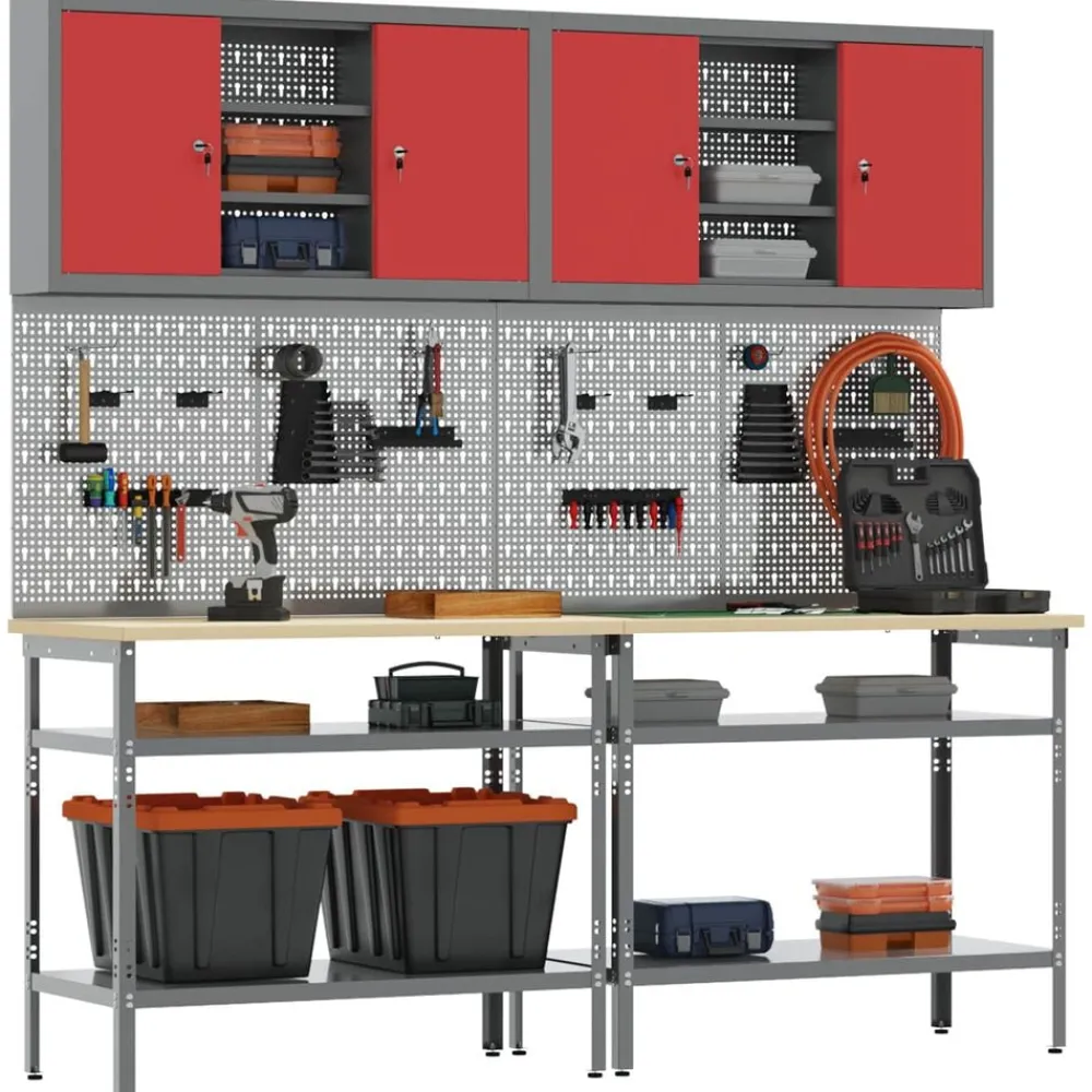Bouwbeslag*vidaXL Werkbankset met plank 8 pcs en Grijs Gepoedercoat staal Rood