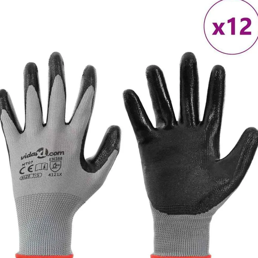 Beschermende Kleding*vidaXL Werkhandschoenen 12 pcs Grijs en zwart 7 / S Polyester