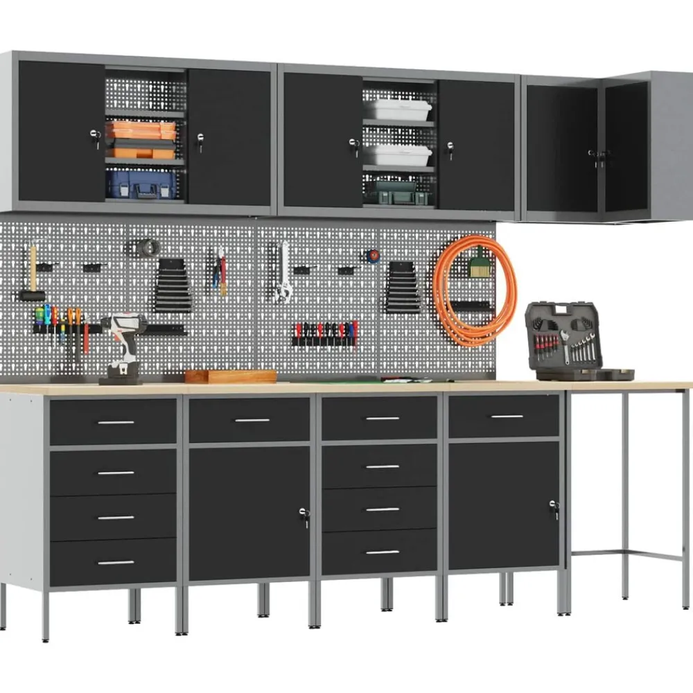 Bouwbeslag*vidaXL Werkkast set met lade met plank met slot 12 pcs en Grijs Zwart