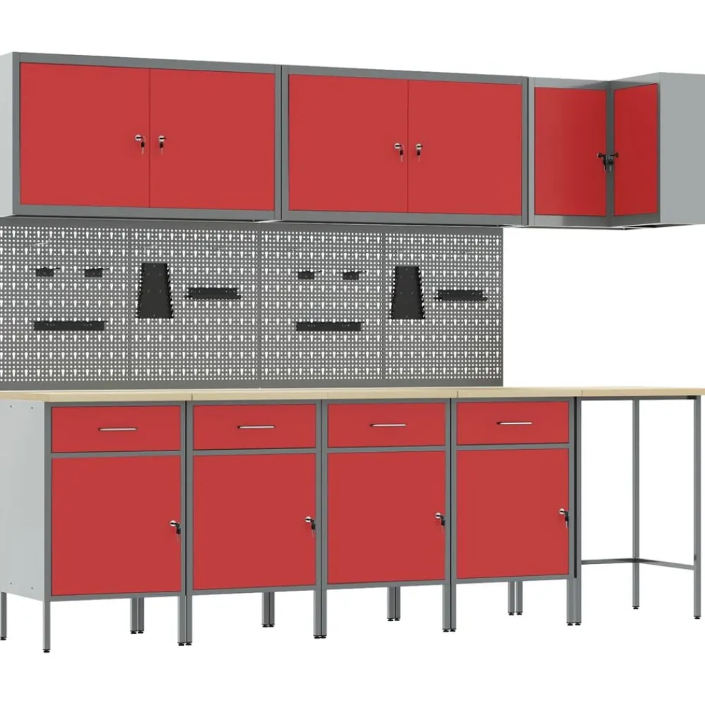Bouwbeslag*vidaXL Werkkast set met lade met plank met opslag 12 pcs en Grijs Rood