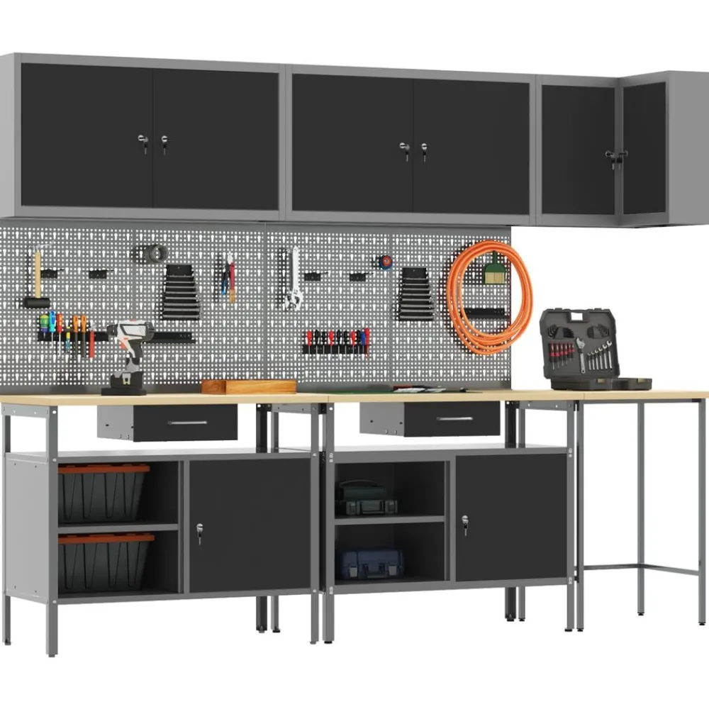 Werkkast set met lade met plank met slot 10 pcs en Grijs>vidaXL Hot