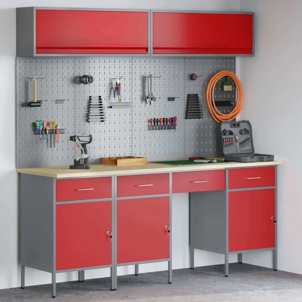 Bouwbeslag*vidaXL Werkkast set met lade met opslag met slot 10 pcs Rood