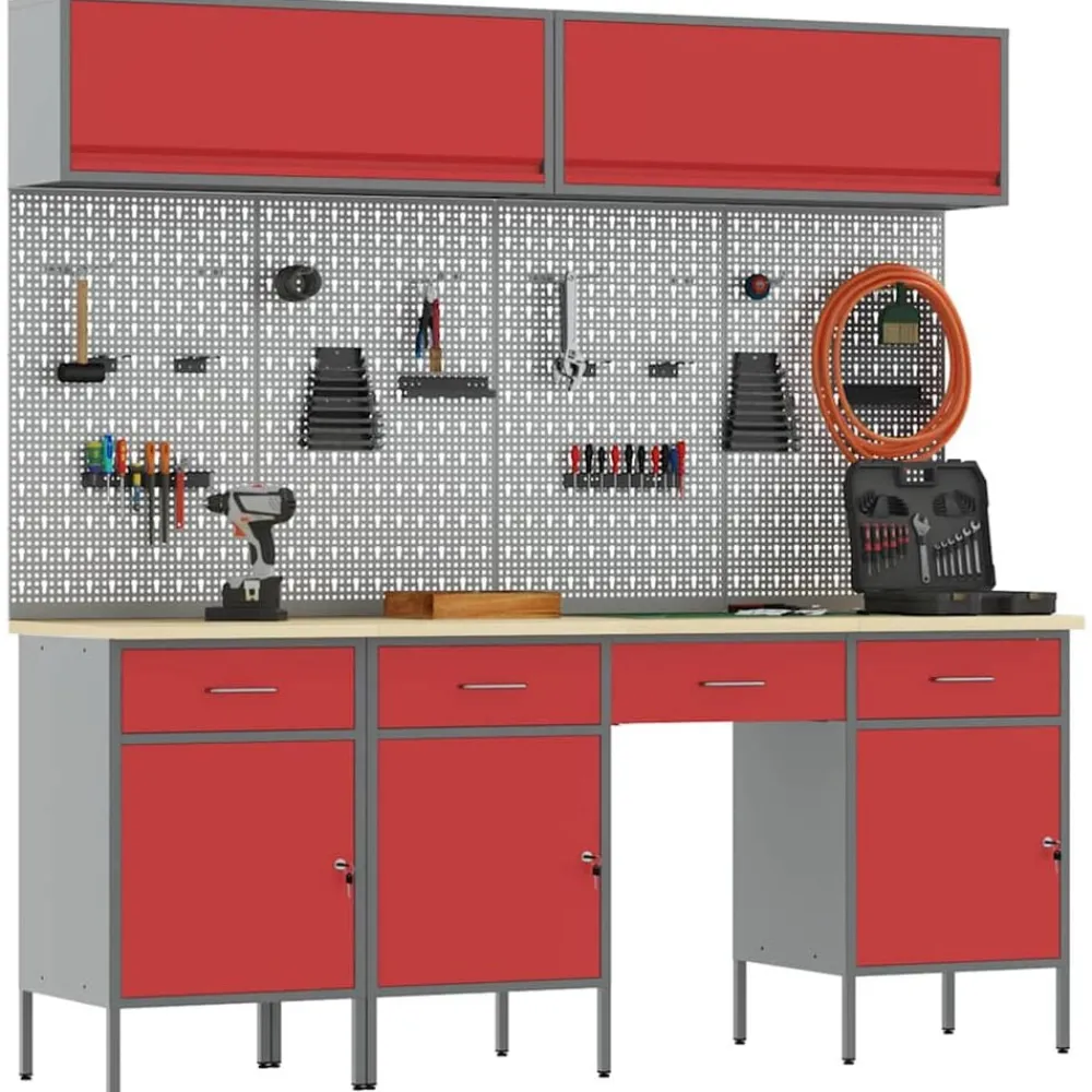 Bouwbeslag*vidaXL Werkkast set met lade met opslag met slot 10 pcs Rood