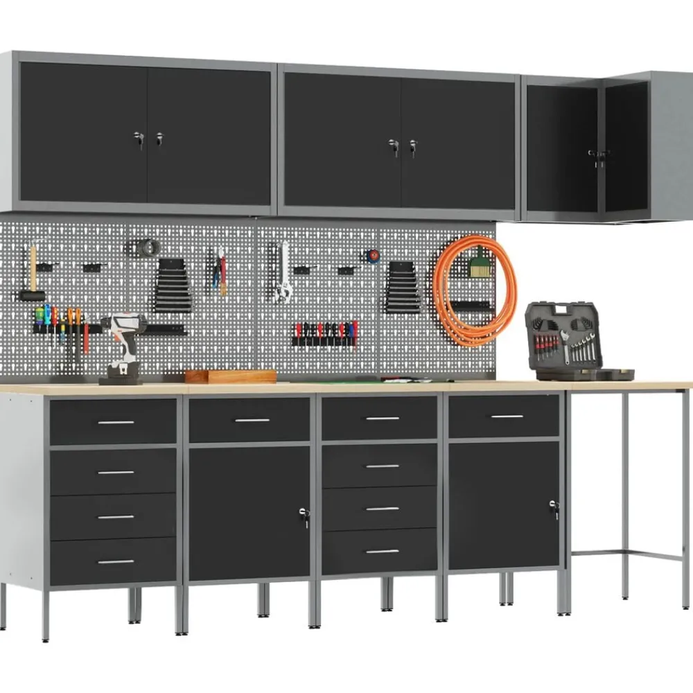 Werkkast set met lade met plank met slot 12 pcs en Grijs>vidaXL