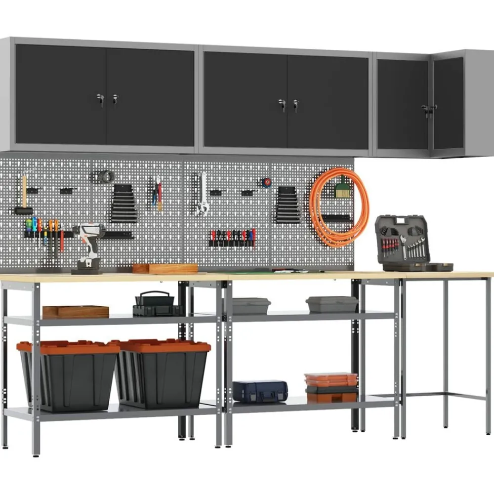 Bouwbeslag*vidaXL Werkkast set met plank met opslag 10 pcs en Grijs Zwart