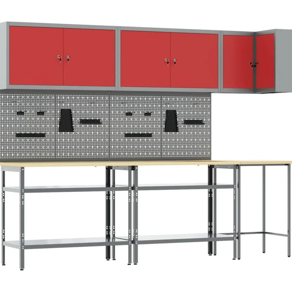 Bouwbeslag*vidaXL Werkkast set met plank met opslag met slot 10 pcs en Grijs Rood