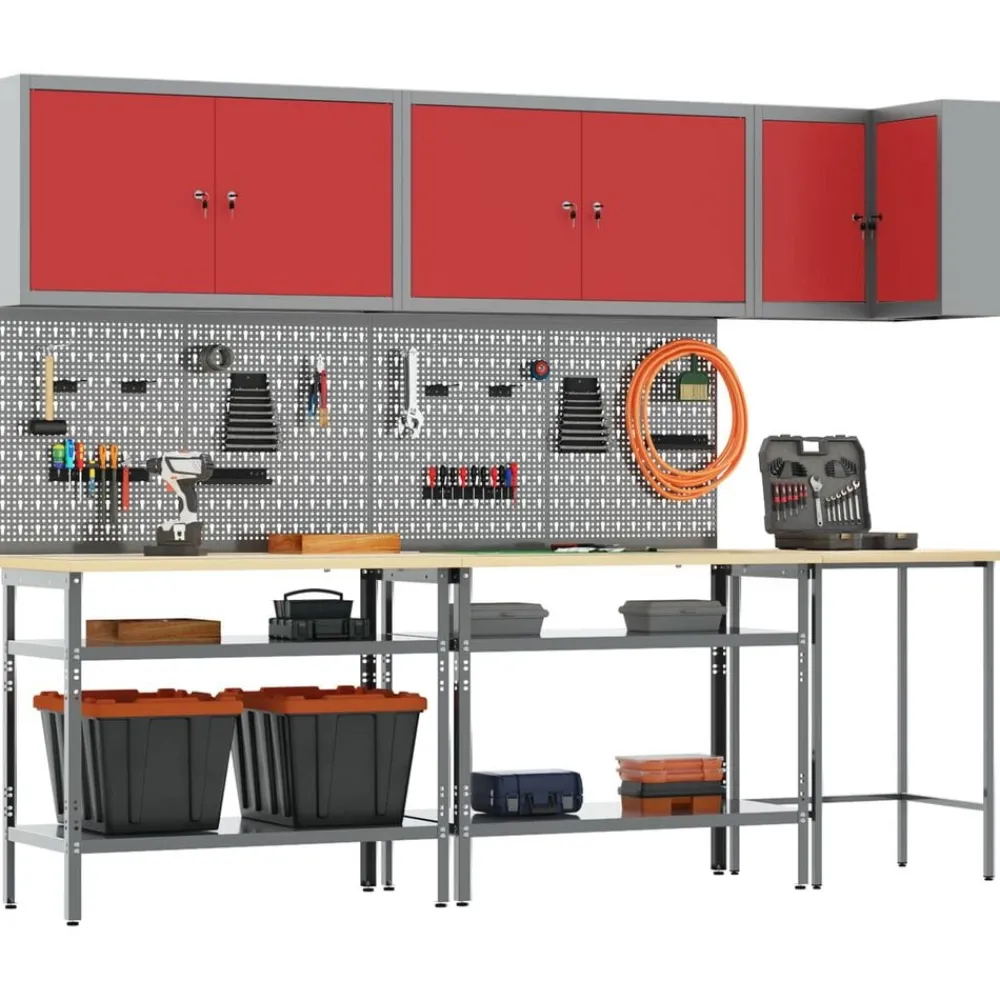 Bouwbeslag*vidaXL Werkkast set met plank met opslag met slot 10 pcs en Grijs Rood