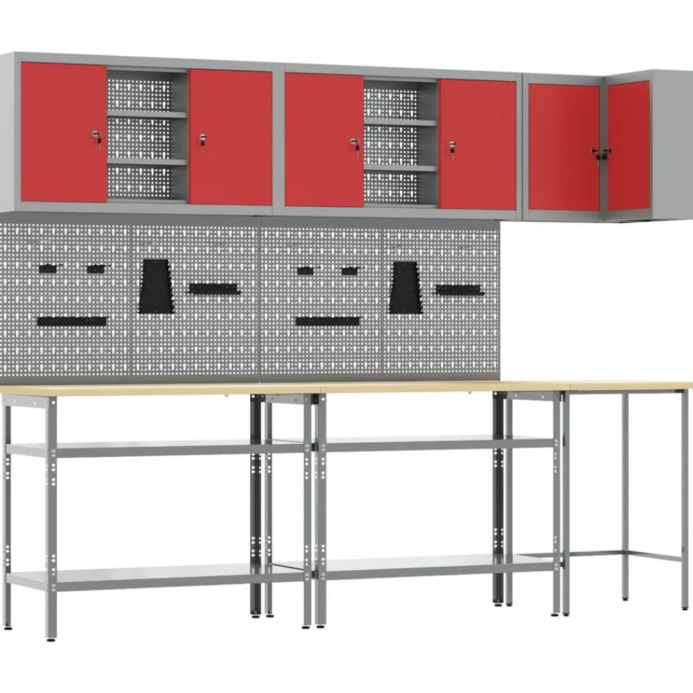 Bouwbeslag*vidaXL Werkkast set met plank met opslag met slot 10 pcs en Grijs Rood